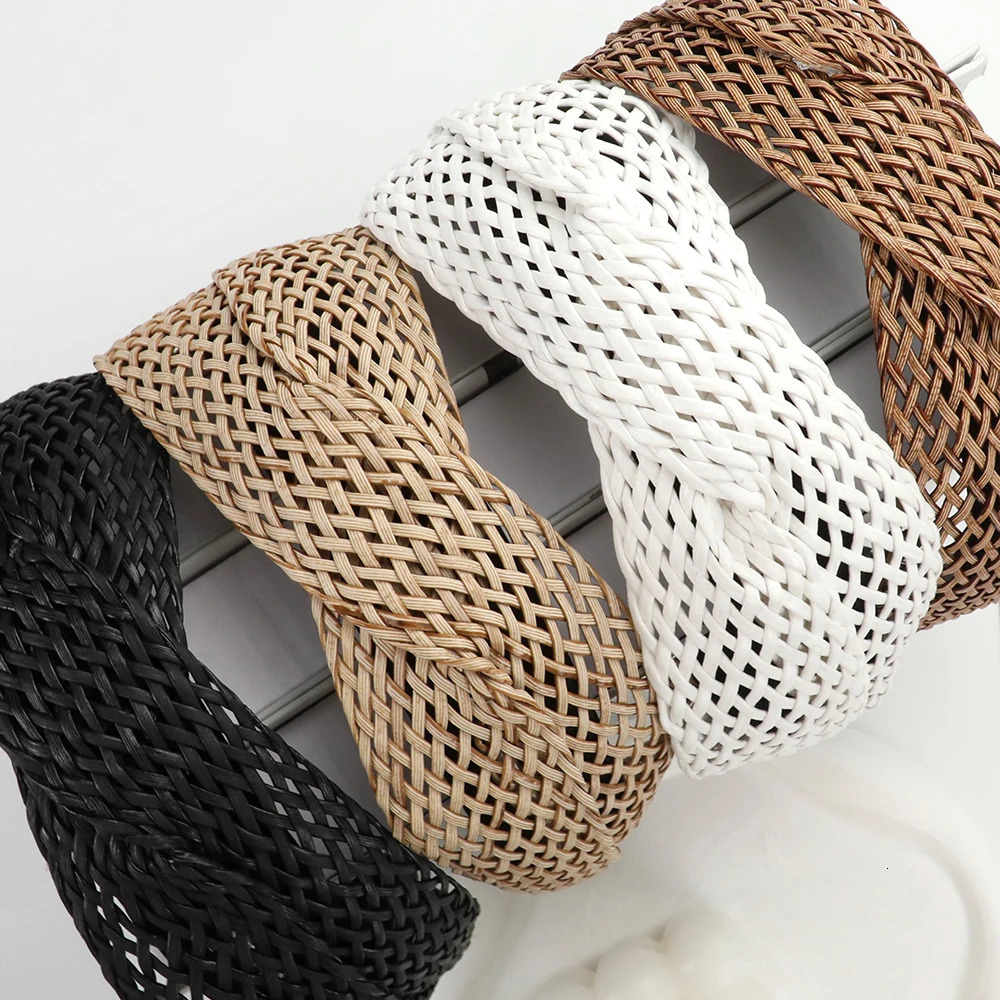 Bohemian Beach Straw Weaving Cross Knotted Headband Women Wide-brimmed Hand-woven Hair Hoop Travel Holiday Headdress Accessories 250610