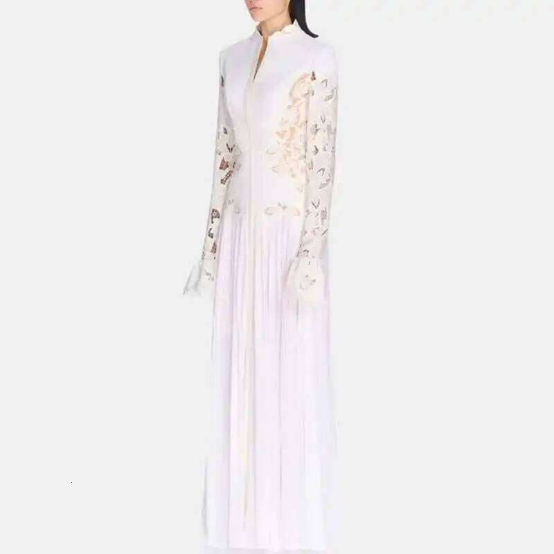 QMQA Fashion Women's Dress Niche Design Hollowed Out Lace Splice Flare Sleeve High Waist Elegant Maxi Dresses 2025 New QM326