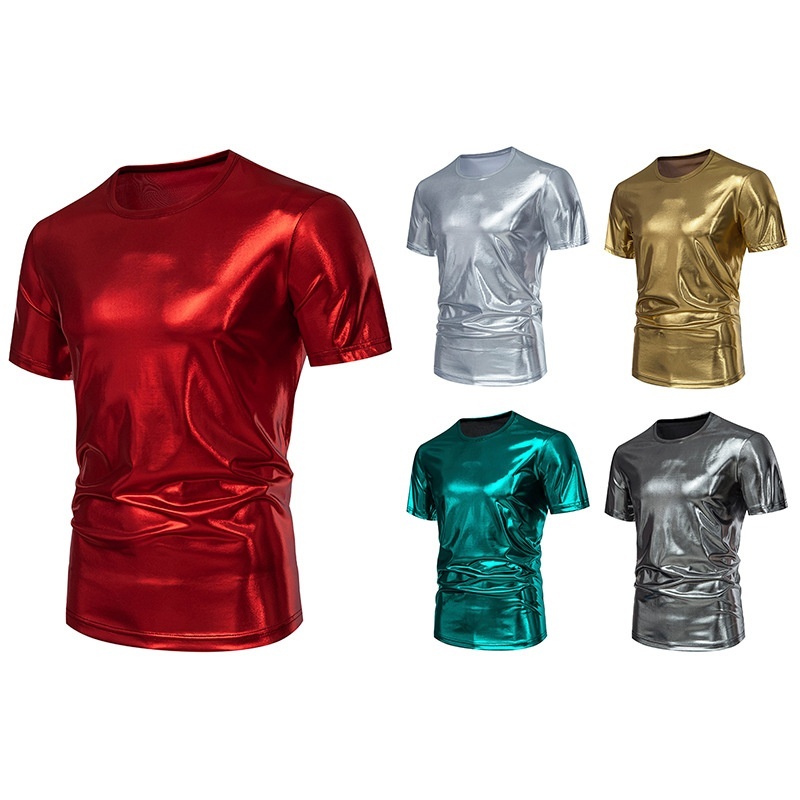 Men's Summer Short Youth Nightclub Glossy Slim Fit Five-Quarter Sleeve Crew Neck T-Shirt