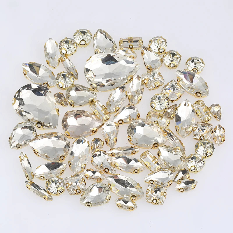 PEESOM 60pcsbag Mixed Shape Crystal Glass SliverGold Claw Flatback Clear Sew On Stone Dress Shoes DIY Accessories 250606