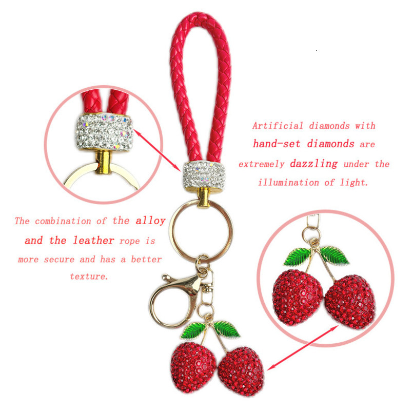 Fashionable, shiny and diamond-encrusted apple and cherry keychain, hand set with water diamonds, car keychain ring, bag pendant, decorative birthday 