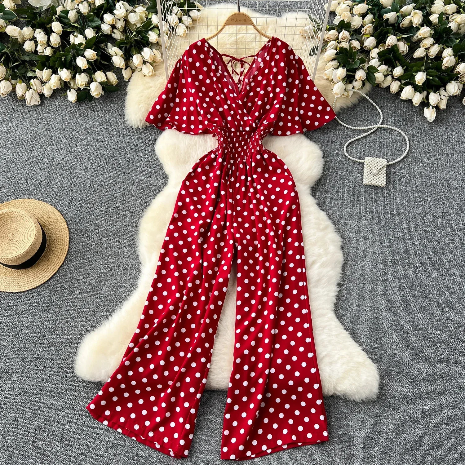 Summer Polka Dot Romper Women Elegant VNeck Short Sleeve High Waist Jumpsuit Female Loose Wide Leg Playsuits Fashion 250610
