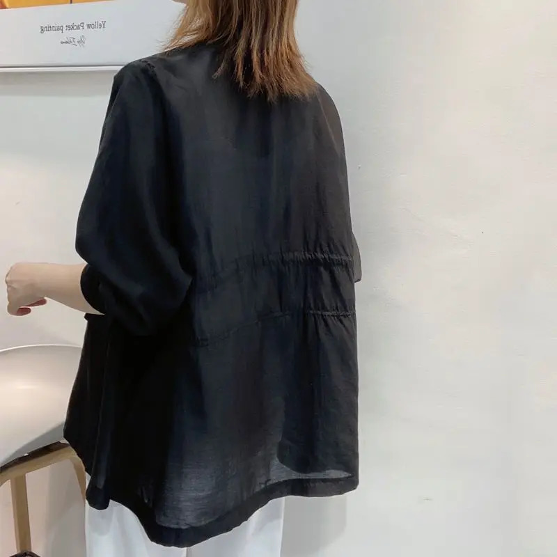 Plus Size Waist Tie Vneck Black Blazer Women Summer Cardigan Sunscreen White Jacket Korean Fashion Casual Pocket Outerwear 250610