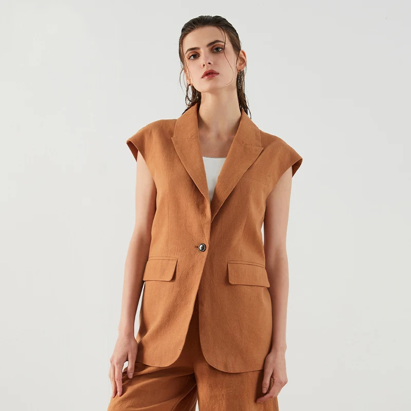 K1444L y Womens Clothing Summer 55% Linen 45% Cotton Ladies Suit Casual Blazer Clothes Vest 250610
