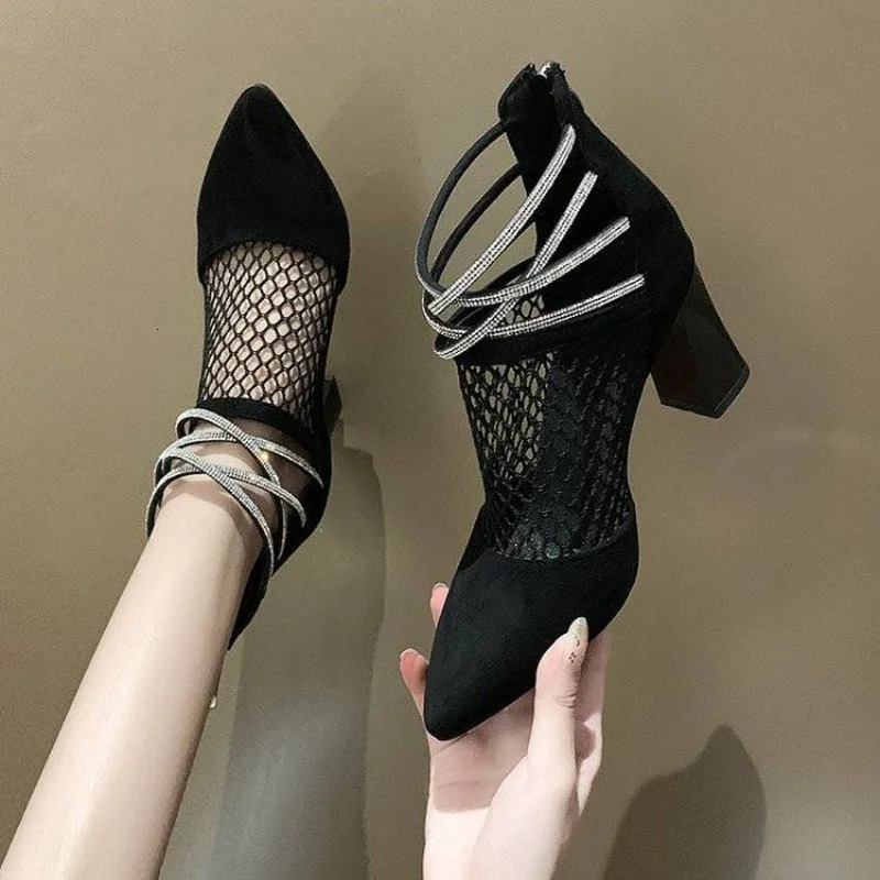 Rhinestones Black Mesh Hollow High Heels Pointed Toe Sandals for Women Casual Sales Chic and Elegant Low Price Korean Womens Shoes 250609