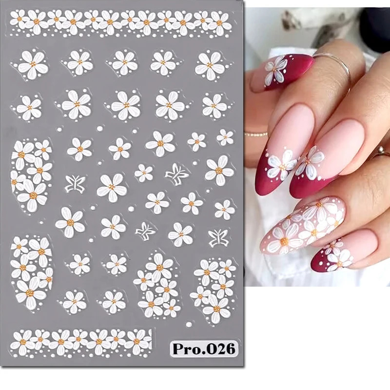 5D Embossed Nail Art Decals White Leaves Flowers Butterflys Adhesive Sliders Stickers Decoration For Manicure 250605