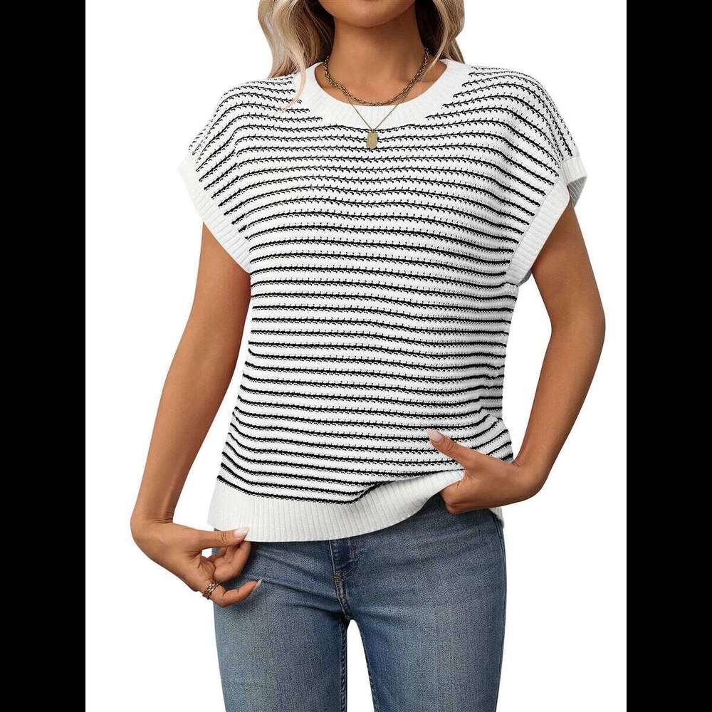 Women'S Sweater Vest Striped Pullover Tank Top Round Neck Cap Sleeve Lightweight 2025 Summer Casual Clothes