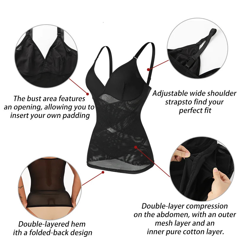 Women Built in bra Tank Top Compression Cross Mesh Corset Tummy Control Body Shaper V Neck Slimming Bustier Sexy Underwear 250610