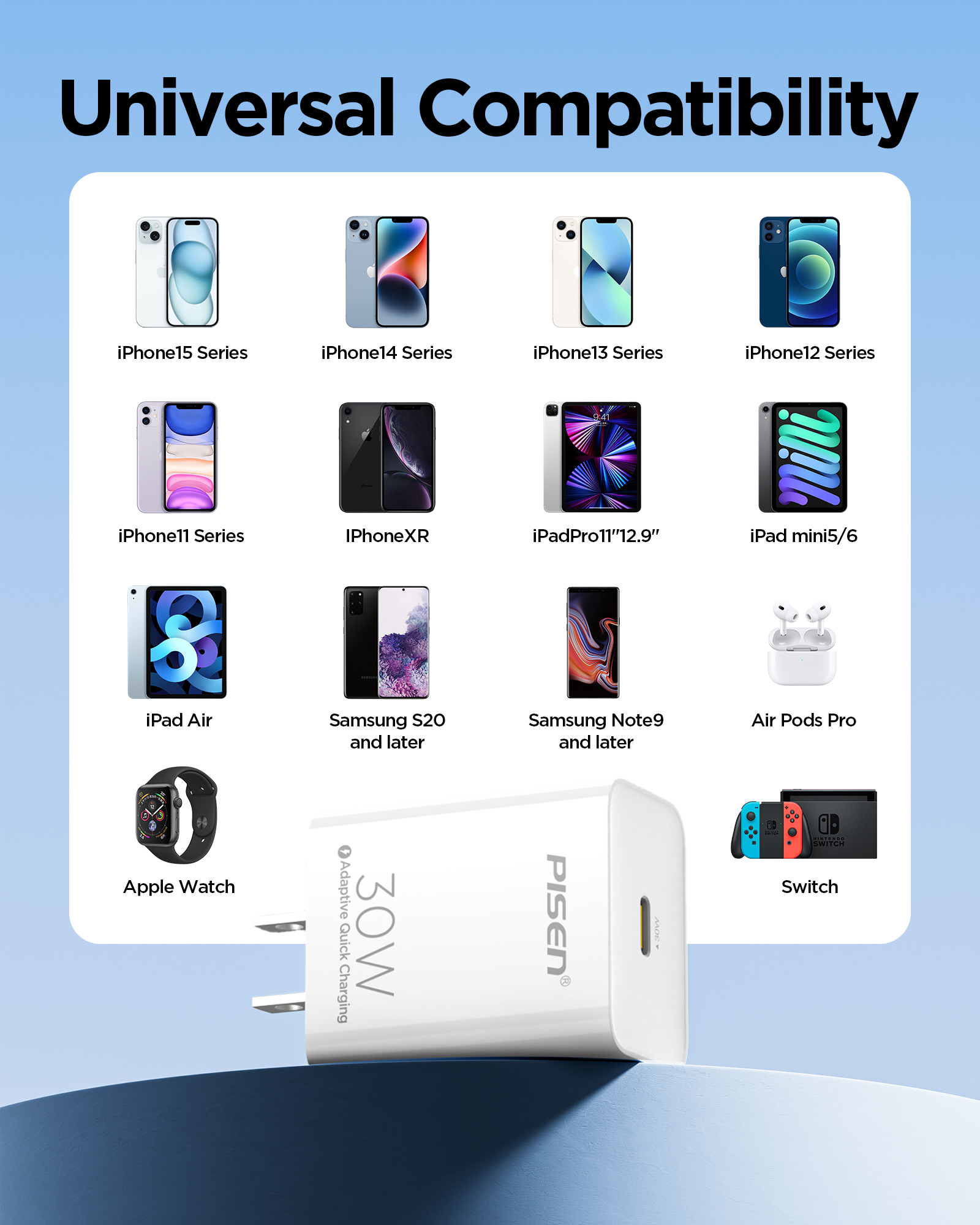 PISEN 30W USB C Charger - USB C Fast Charger Block, PD3.0 Wall Charger with 4FT Type C to L Cable, 30W Power Adapter for iPhone 16/15/14/13/12/11/XR/X