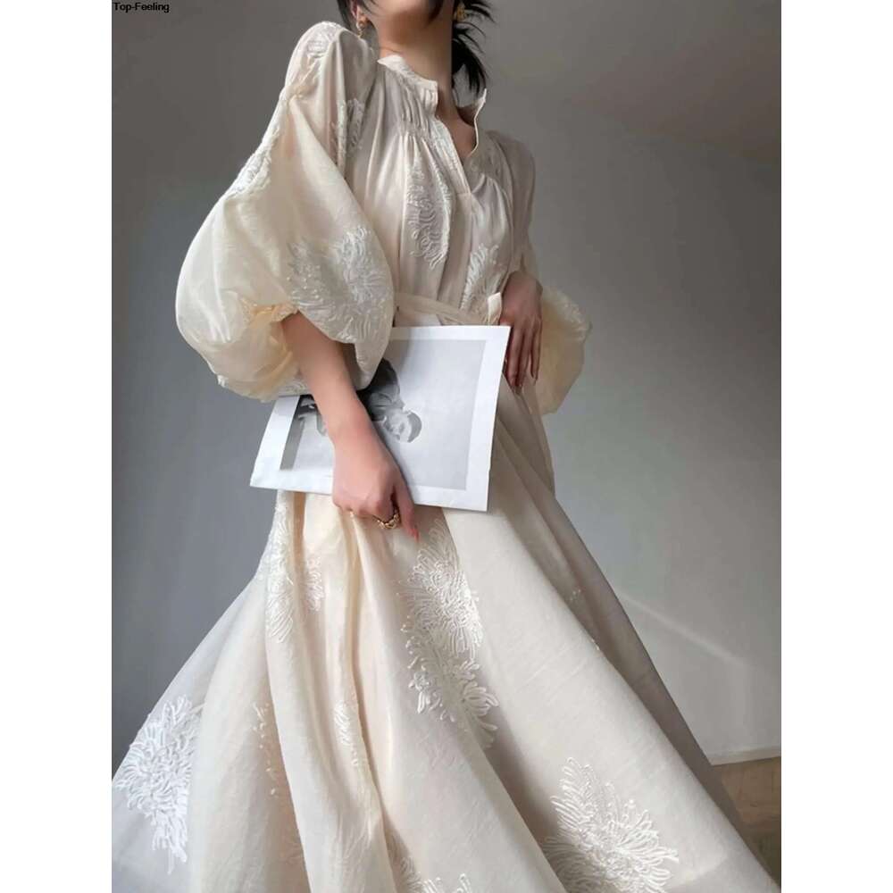 France Elegant Lantern Sleeve Embroidery Midi Dress for Women Spring Autumn New V Neck Lace Up Vestidos Korean Vintage Clothes