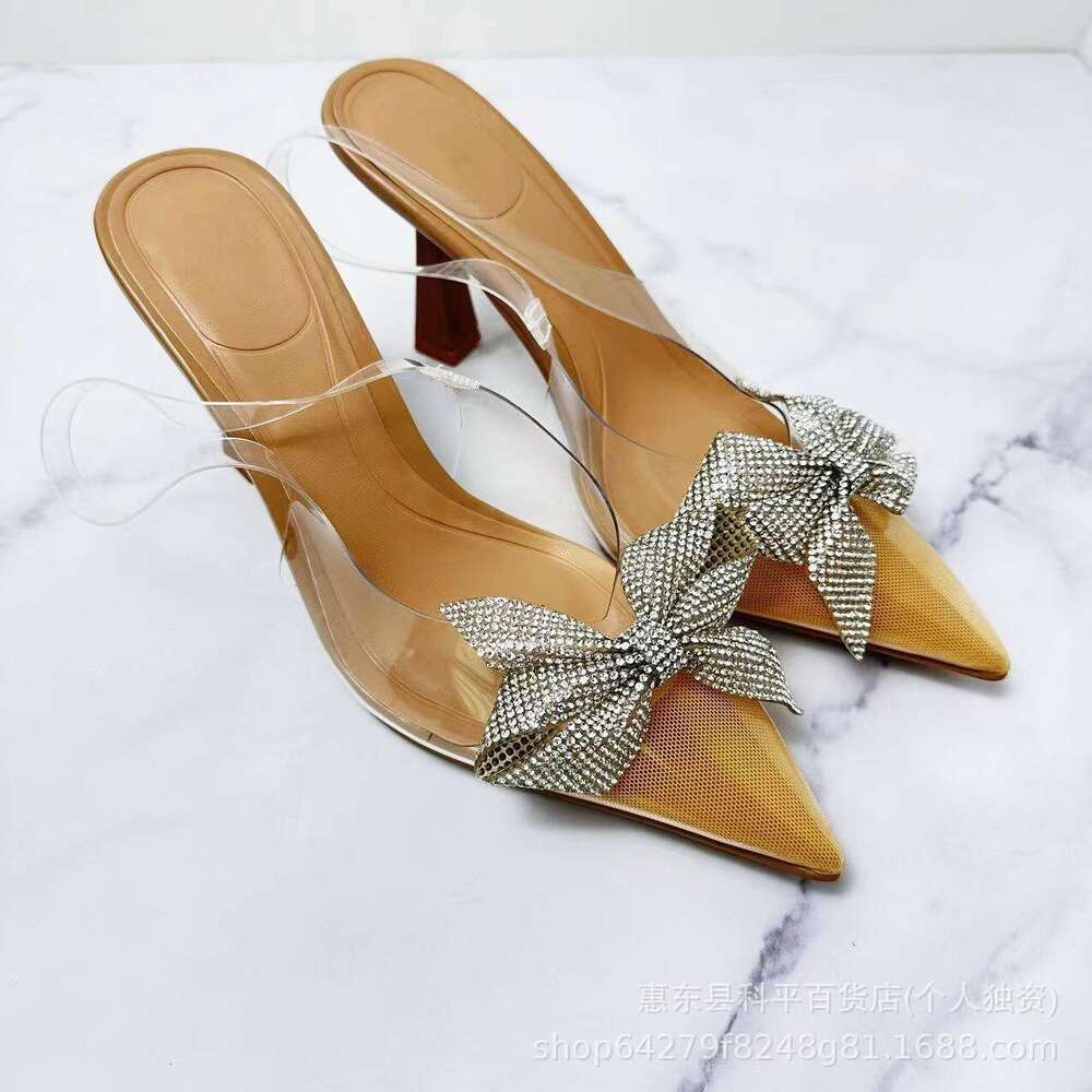 Spanish Shoes New Fairy Style Pointed Toe Rhinestone Bow Transparent High Heels Stiletto Back Strap Women's Sandals
