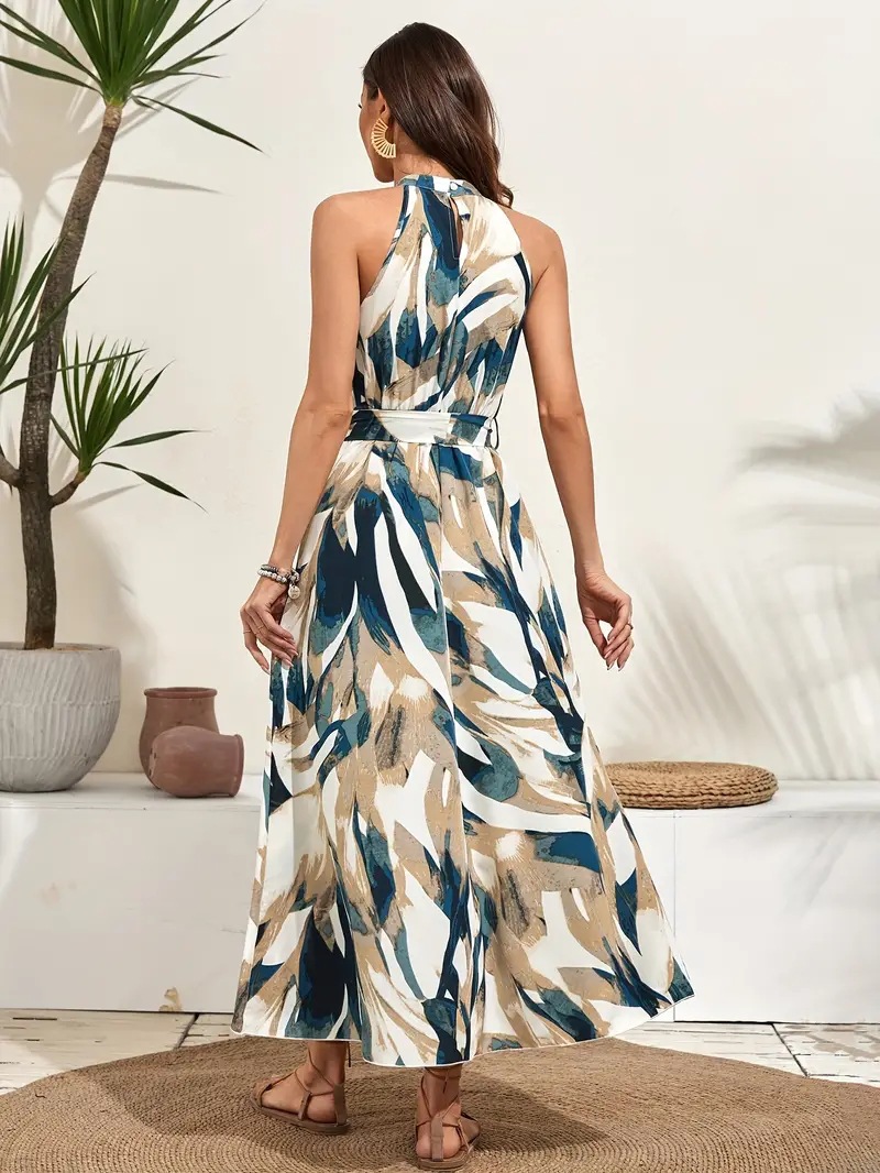 Summer style fashionable long dress with printed neckband and drawstring for ladies