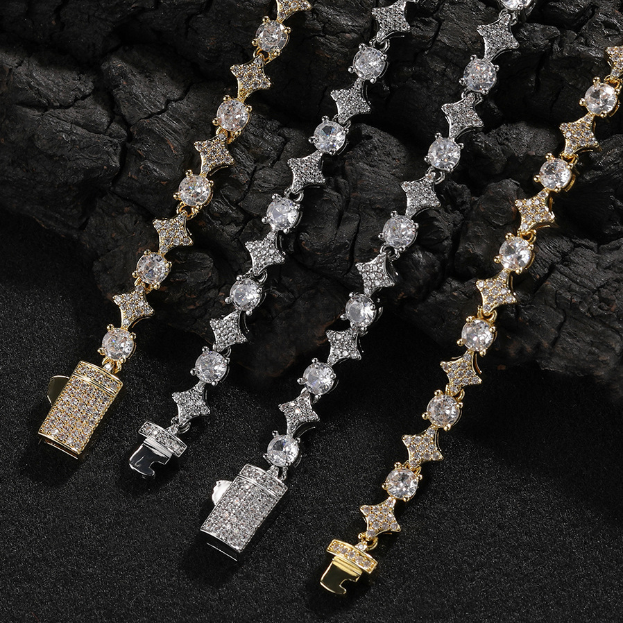6mm New In Star Charms Tennis Chain Necklace Bracelet Iced Out Cubic Zirconia Full Sparkly Diamond Unisex Cz Stones Chains Hip-hop Personality Rapper 