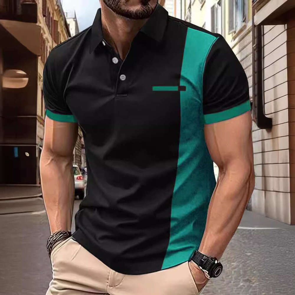 Ins Men's Summer Collar Striped Print Short Sleeve Polo Sports Shirt B5
