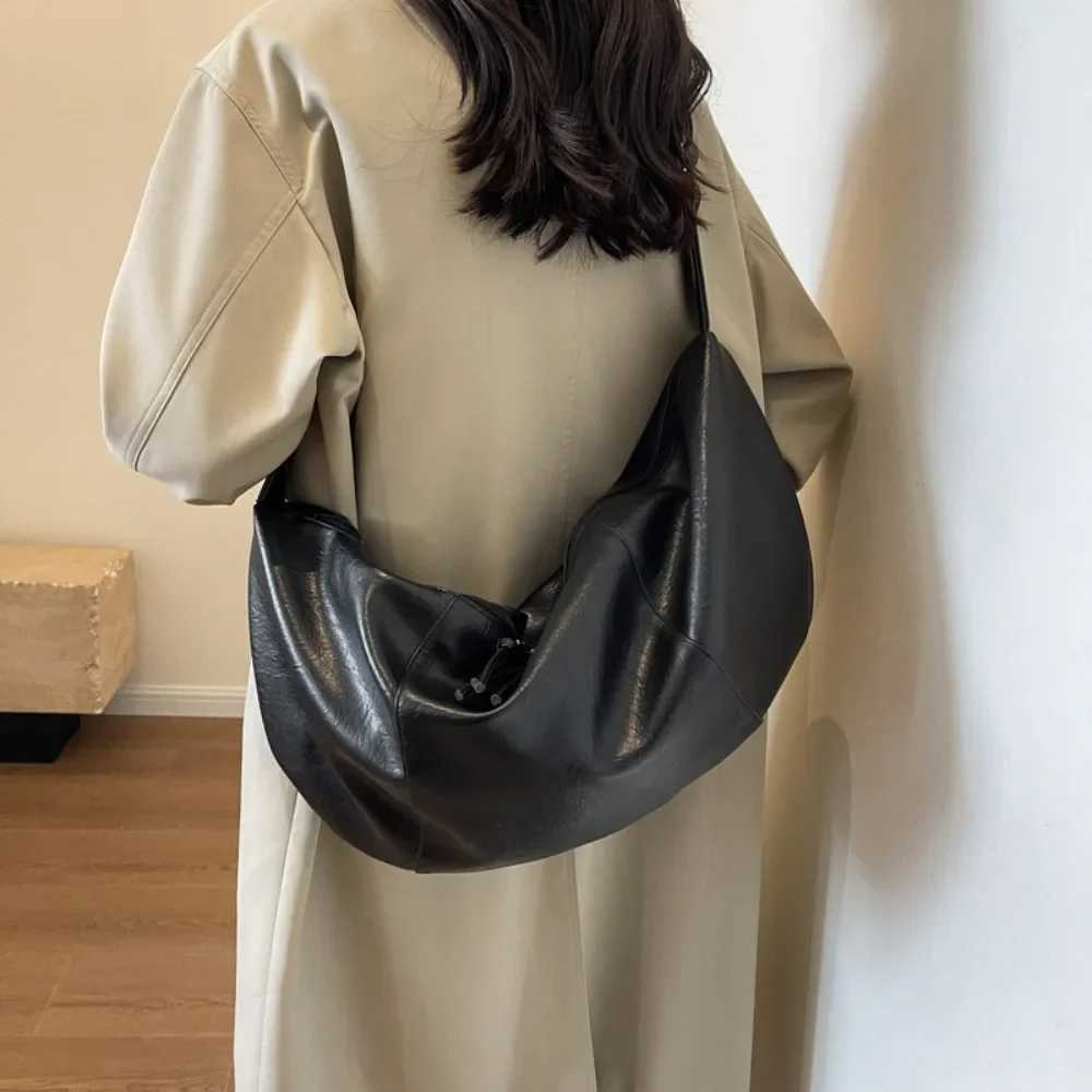 Retro Korean Version Ins Hobos Bag Causal Large Capacity PU Soft Simple and Casual 2024 New Tote Leather Shoulder Bags Women BagXJ250610