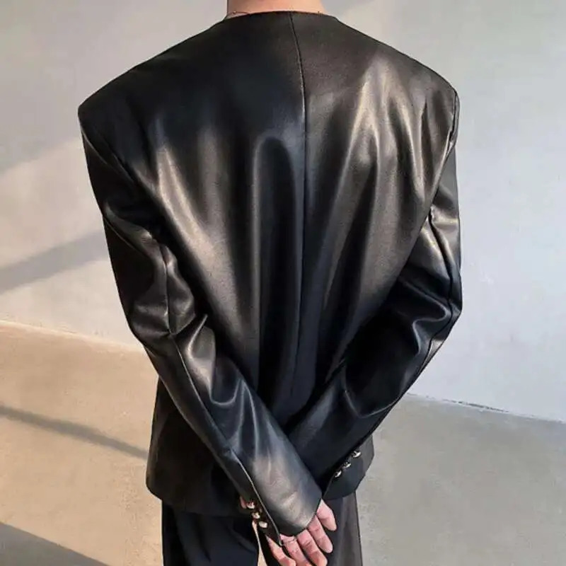 IEFB Spring Trendy Mens Pearl Button Slim Fit PU Leather Jacket Round Collar Korean Style Men Single Breasted Jackets 9W968 250611