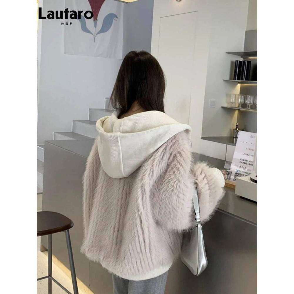 Lautaro Autumn Winter Loose Casual Hairy Shaggy Soft Warm Faux Fur Coat Women with Hood Long Sleeve Zipper Korean Fashion 2022