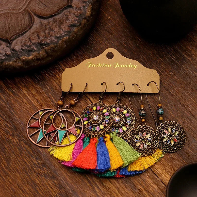 Boho Geometry Multicolor Round Beads Flower Drop Earrings Set for Women Vintage Ethnic Fanshaped Tassel Long Earrings Jewelry 250610