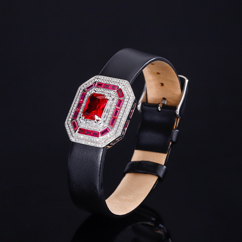 New S925 Silver Faux Colored Gemstone Square Watch Set, Luxurious 8x10mm Design, Stylish Women's High-End Jewelry Watch, Perfect Gift Choice