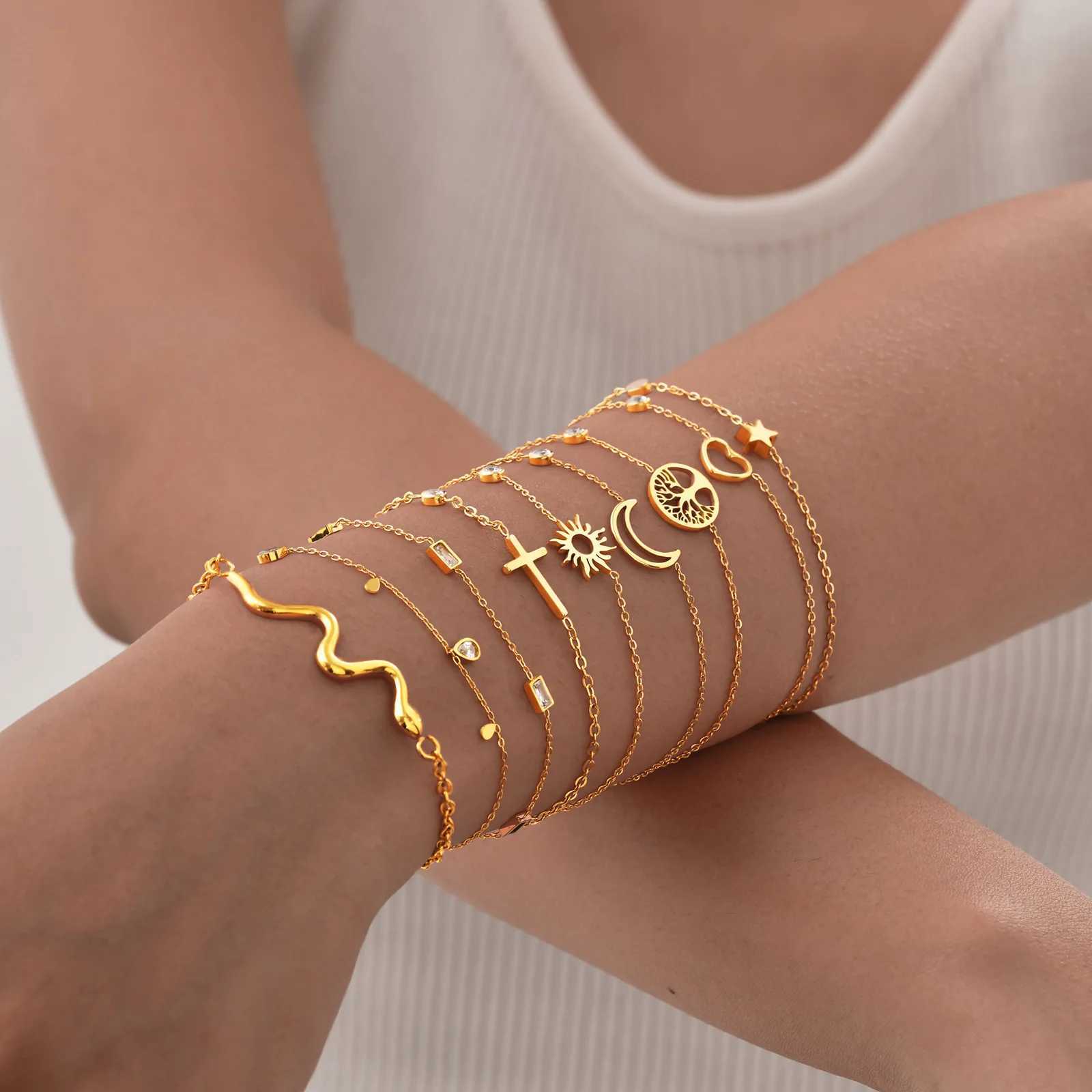 Women Minimalism Thin Chain Cross Crescent Moon Star Bracelet Stainless Steel Female Adjustable Link Stacked Layered XJ250707