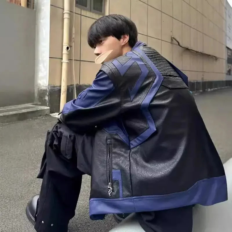 American Hip Hop Spliced Racing Jacket Mens Trend Niche High-end Motorcycle Suit Leather Jacket Unisex Spliced Coat 250611