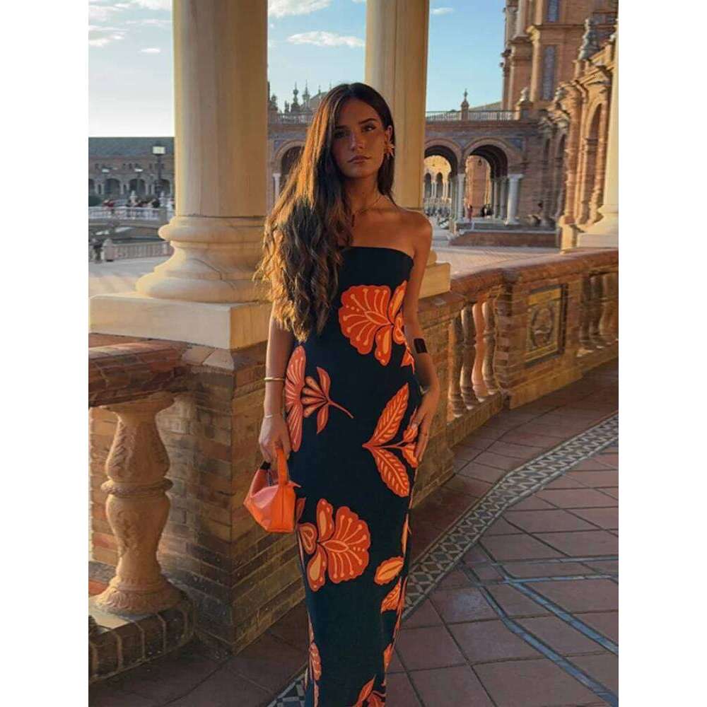 Flower Print Strapless Dress For Women Casual Backless Slim Fit High Waist Female Maxi Robe 2025 Summer Lady Daily Streetwear
