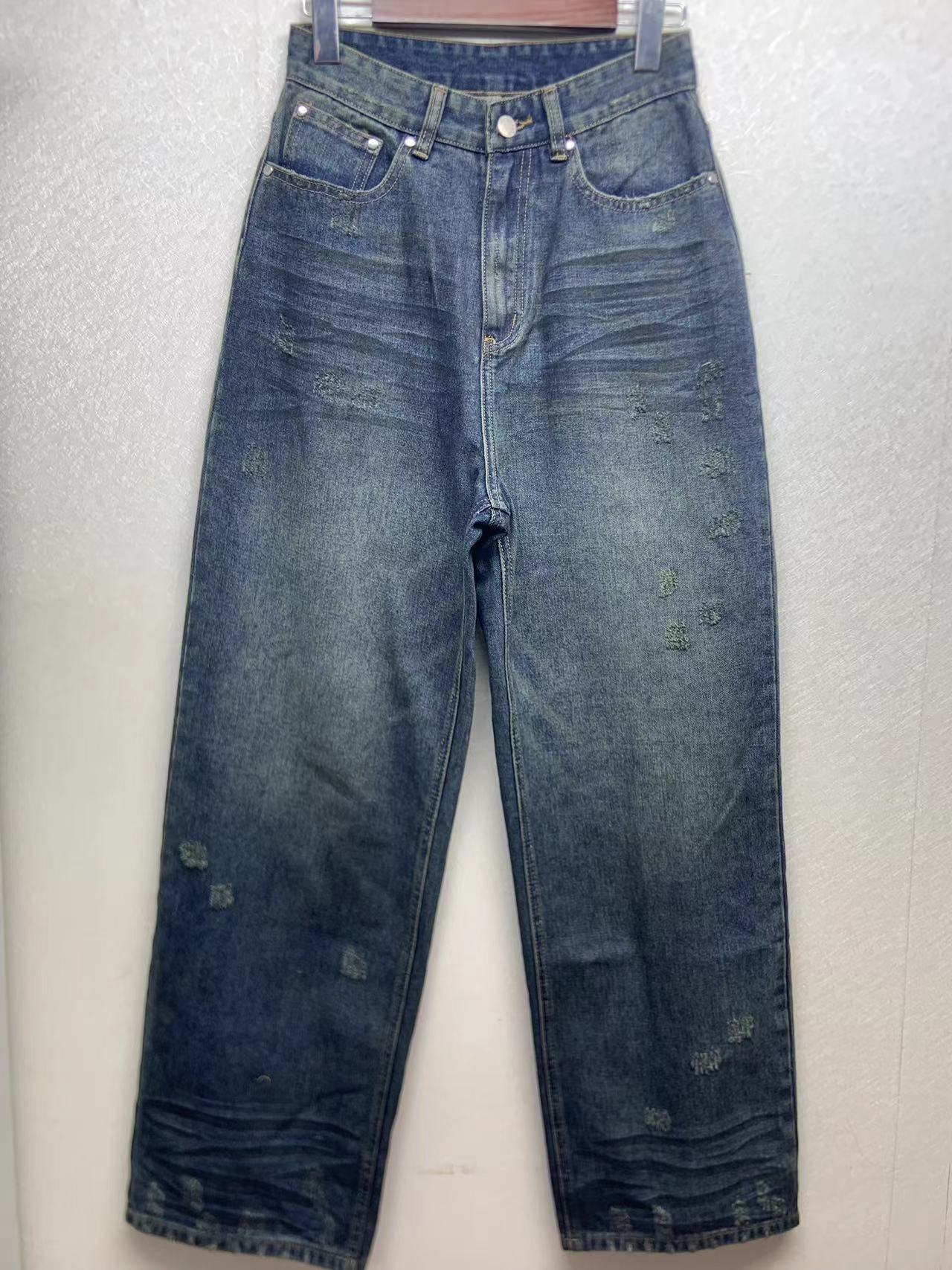 Factory customized wholesale vintage washed ripped wide leg denim pants 23-0108