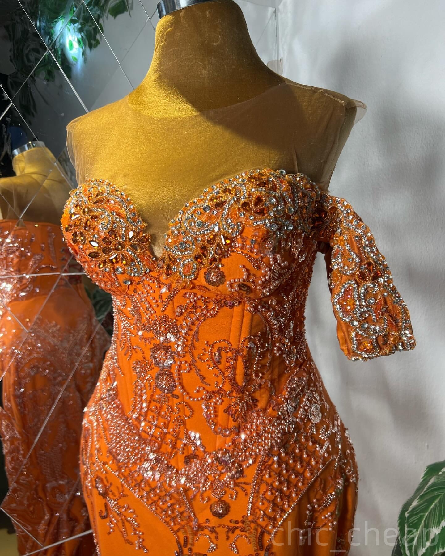 Orange Mermaid Prom Dresses 2025 Beaded Crystals Sequined Sheer Neck Evening Formal Party Second Birthday Engagement Gowns Plus Size Dress For Special