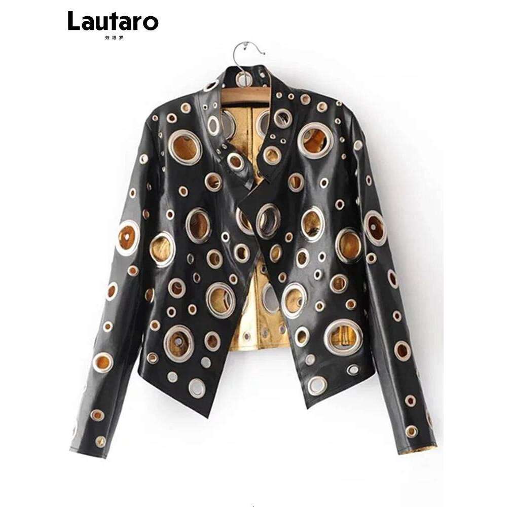 Lautaro Runway Cut Out Short Faux Leather Jacket Golden Rivet Cool Stylish Designer Clothes Women European American Fashion 2022