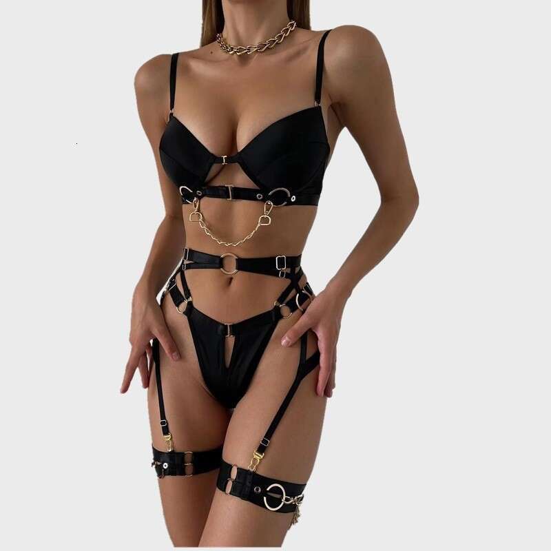 Spell Lingerie Porn Suits Metal Punk Style Large Bust Minimizer Sexy Hot Girl Leg Binding Temptation Lingerie Women S Four Piece Set Sexy Lingerie