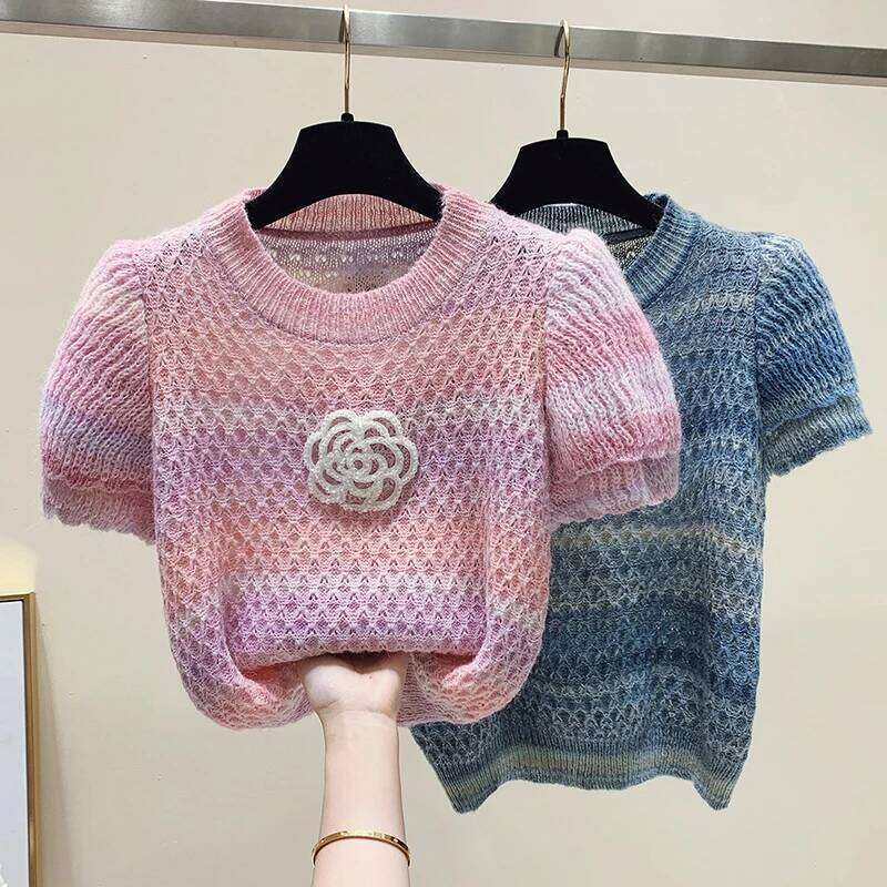 Korean Fashion Knitwears Women O-Neck Short Sleeve Casual Summer 2024 Y2k Chic Clothing Sweater Pullovers Tops Pull Femme Tees