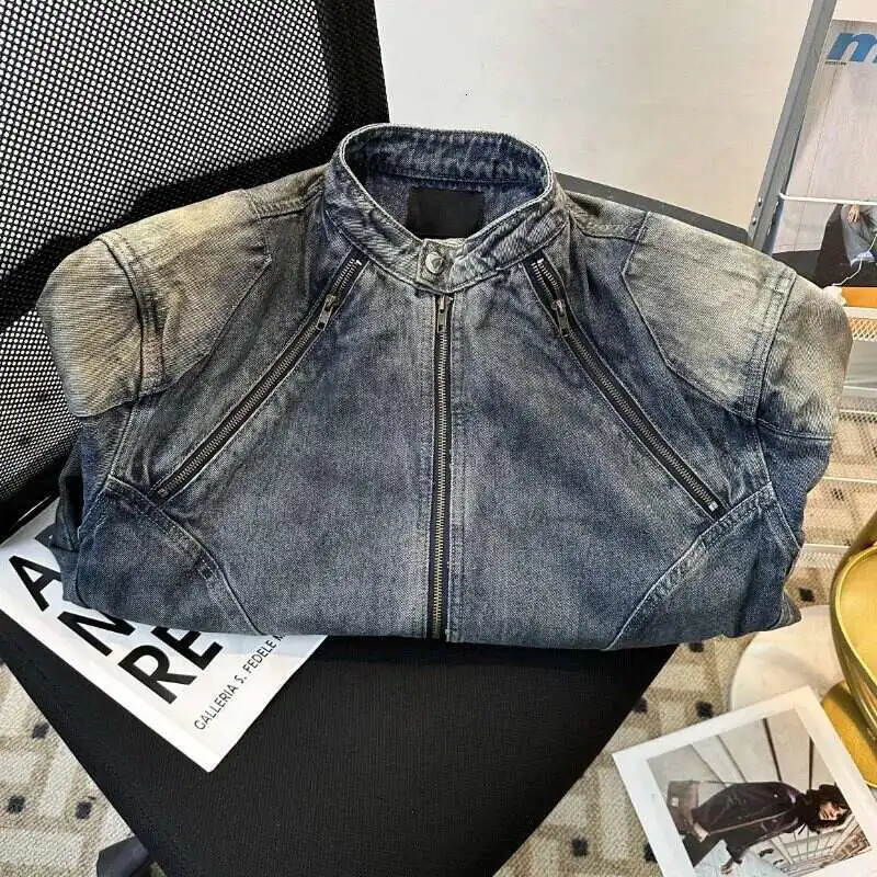 FEWQ Belt Mens Denim Jackets Stand Collar Solid Color Shoulder Padded Sleeve Zipper Patchwork Washing Male Coats 24K2966 250611