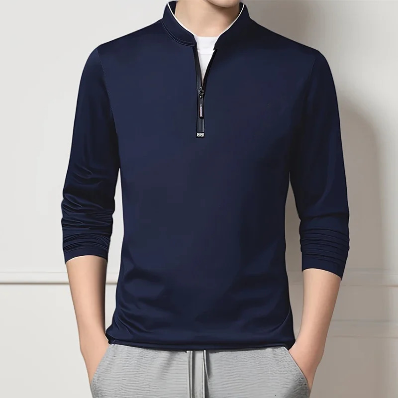 Mens Casual Fashion Solid Color Long Sleeved Polo Shirt Stand Up Collar Versatile Comfortable Top 250610