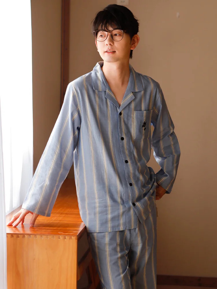 Pure Cotton Gauze pajama Set Fashion Simple Couple Sleepwear Highend Striped Comfortable Breathable Men Home clothes 250610