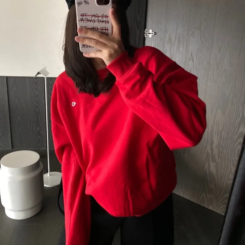 Fashion Black Red Round Neck Hoodie for Women Elegant Long Sleeves Loose Casual Couples Same Solid Color Simple Top 250610