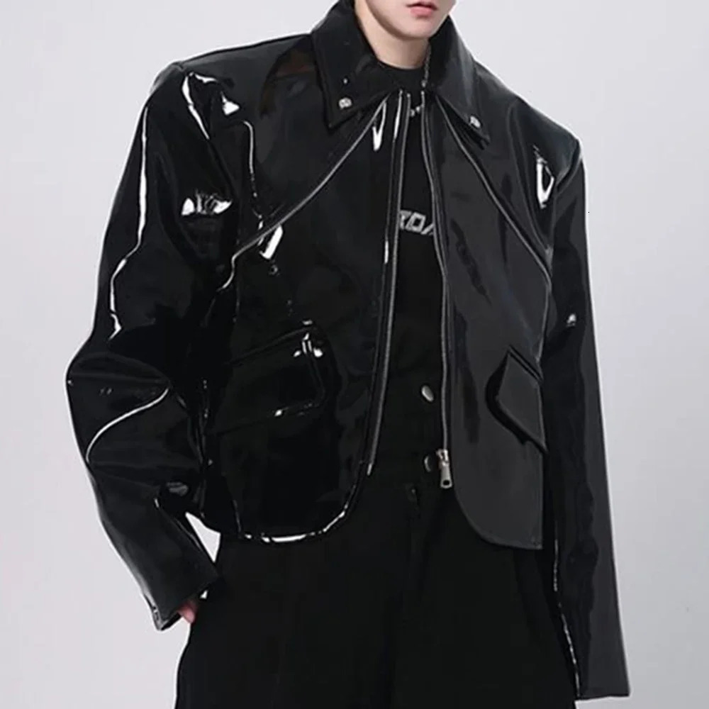 Mens Jacket Shiny Leather Jacket Handsome Performance Stage Outfit Autumn Elegant British Excellent Patent Leather Jacket 250611