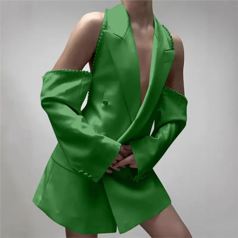 2005 Womens Sexy White Suits Spring Fall Offshoulder Beaded Sleeves Deep Vneck Fashion Suit Jacket For Women Streetwear 250610