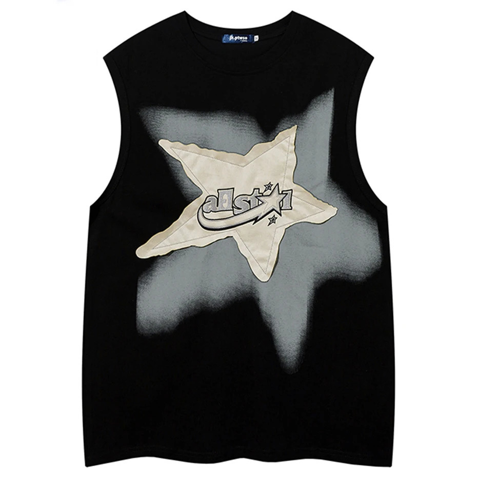 Oversized Vest Star Patchwork Y2K Tops Men Harajuku Streetwear Tank Vests Fashion Casual Loose Cotton Hip Hop Vest Black 250611
