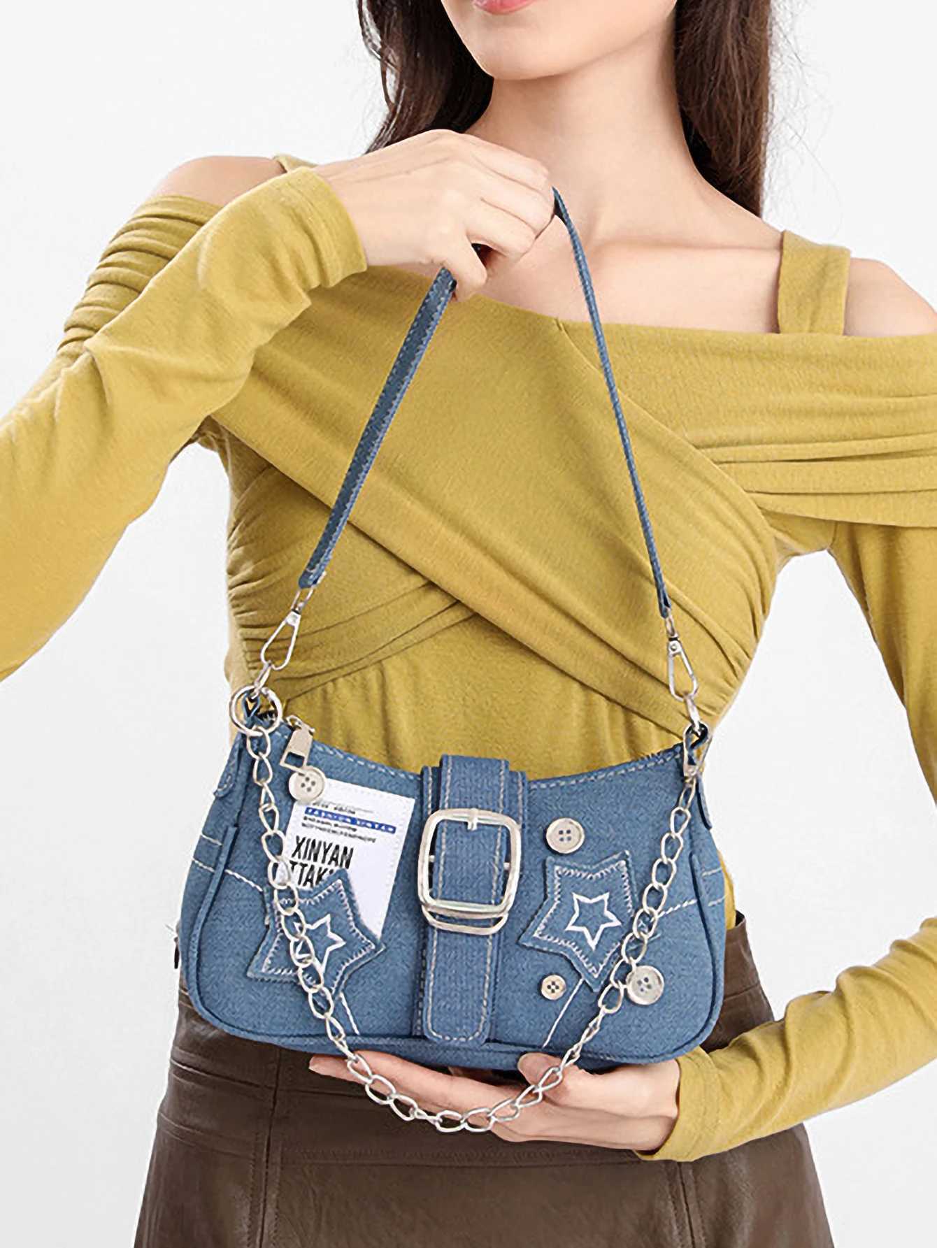 Y2K Motorcycle Hot Girl Style Shoulder Bag Versatile Star Denim Underarm Bag XJ250610