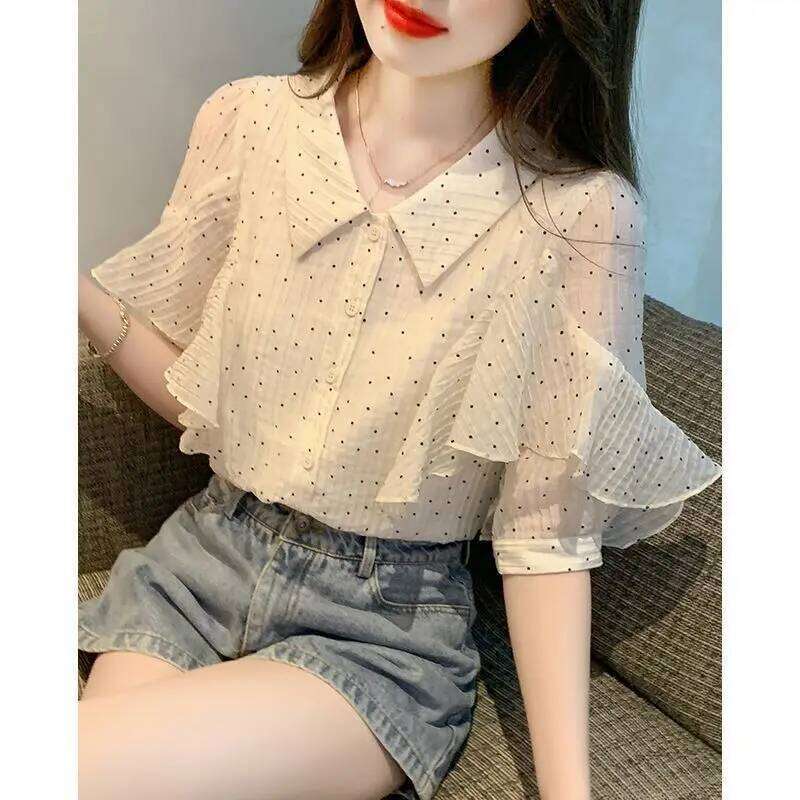 Clothing Summer Korean Fashion Button Polka Dot Chiffon Polo Collar Women Shirts All-match Appear Thin Short Sleeve Top Te