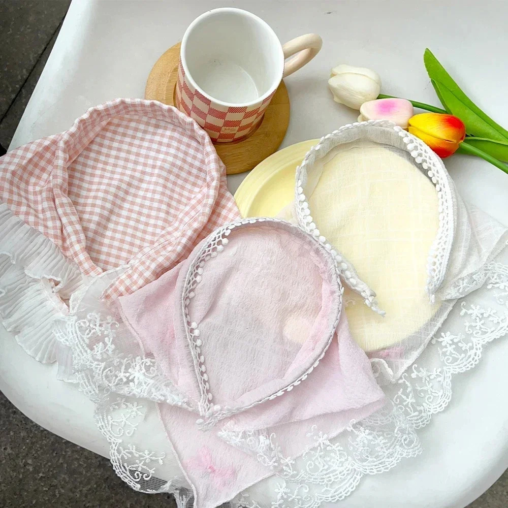 INS Lace Bow Hair Scarf Women Korean Triangle Hair Band Travel Po Headband Sunscreen Headscarf Girls Linen Cotton Neckerchief 250610