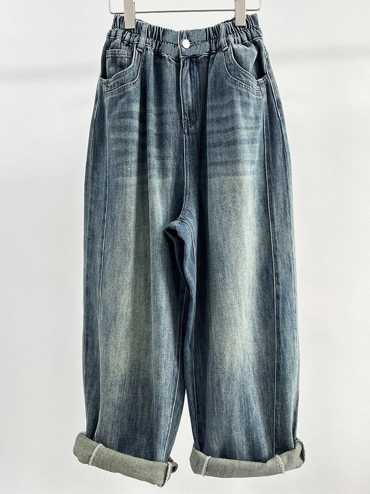 Plus Size 5XL 140kg Womans Denim Trousers Summer Wide Leg Pants Elastic Waist Leisure Ladies Pocket Trousers 250609
