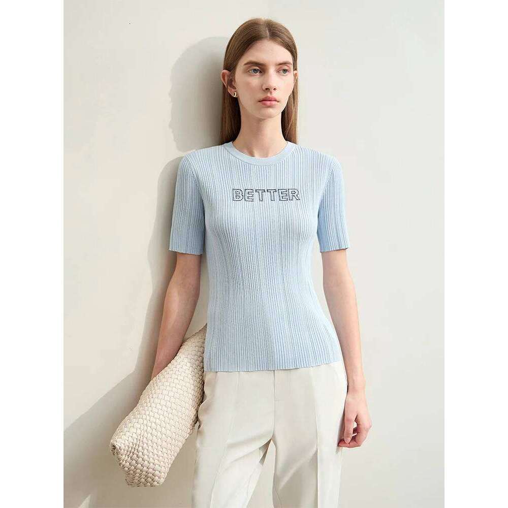 Amii Minimalism 2024 Women Knit Sweater Summer New Slim O-Neck Short Sleeve Letters Embroidery Stretch Casual Tops Lady 12442013