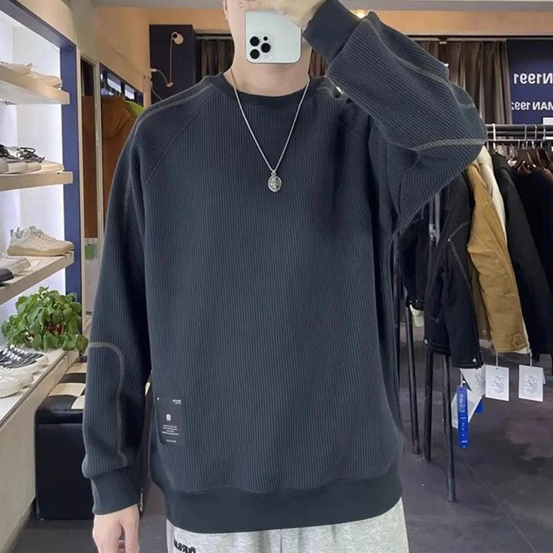 Men Trendy Appliques Simple Casual All Match Sweatshirt Streetwear Y2K Cotton Loose Hoodie Round Neck Long Sleeve Pullover Tops 250611