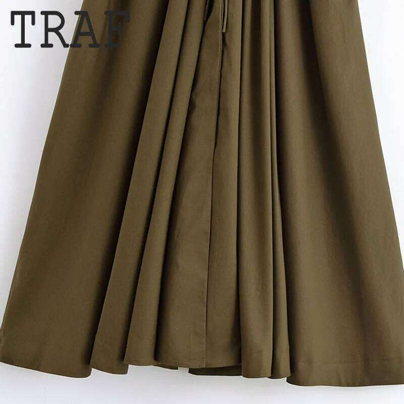 TRAF V-neck Short Sleeve For Women Fashion Sagging Sense Long Waist Lace Up Midi Dress Elegant Evening Dresses