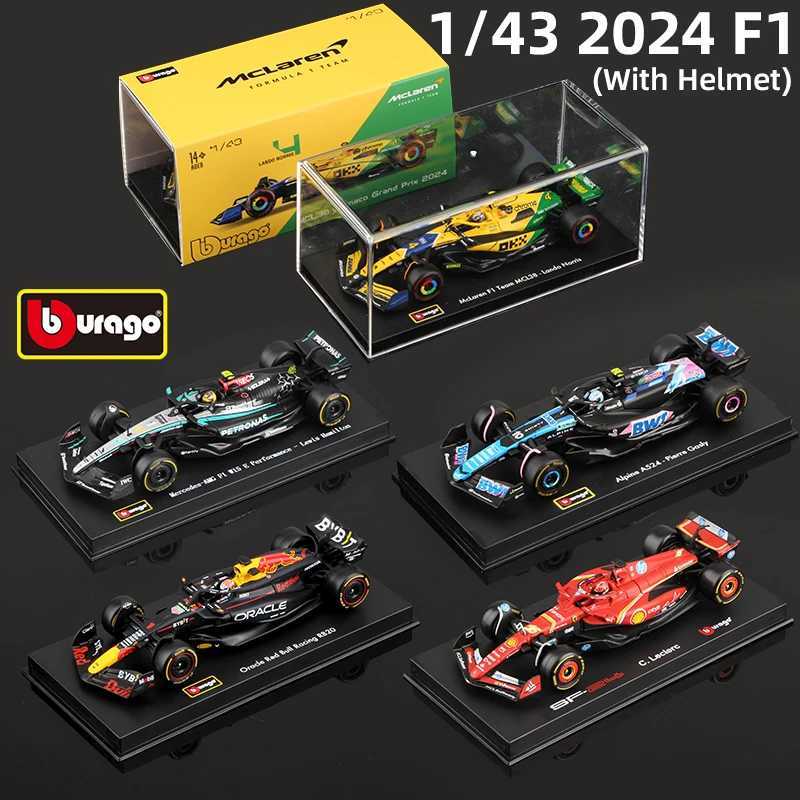 Bburago 1 43 2024 F1 Model With Helmet Alloy Miniature Diecast Formula Racing Car Toy MCL38 W15 SF24 RB20 A524 Z250611