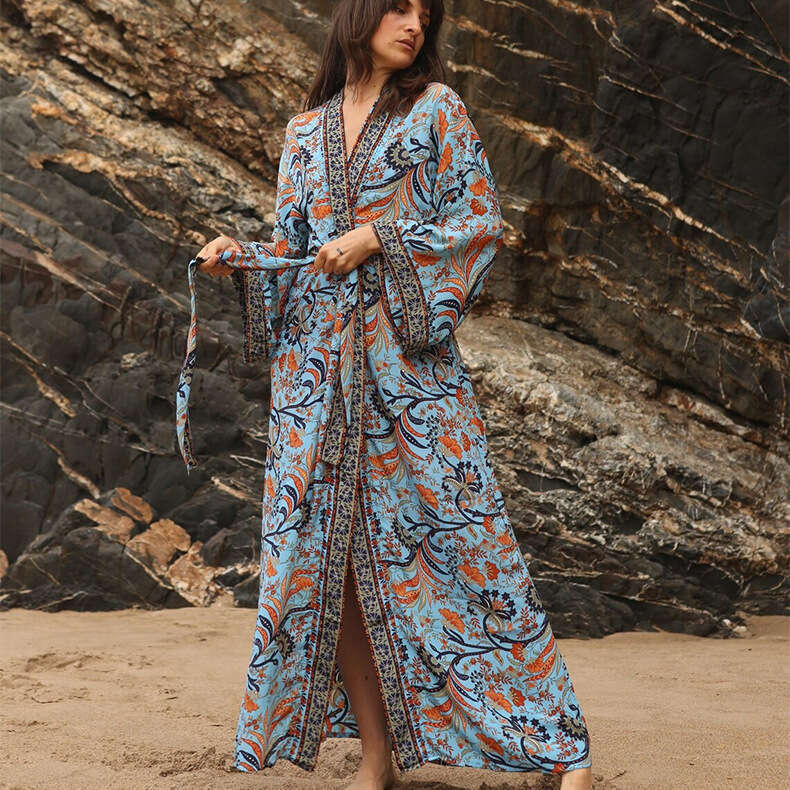 2025 New Style Rayon Positioning Print Thin Bikini Summer Sun Protection Cover-Up Boho Kimono