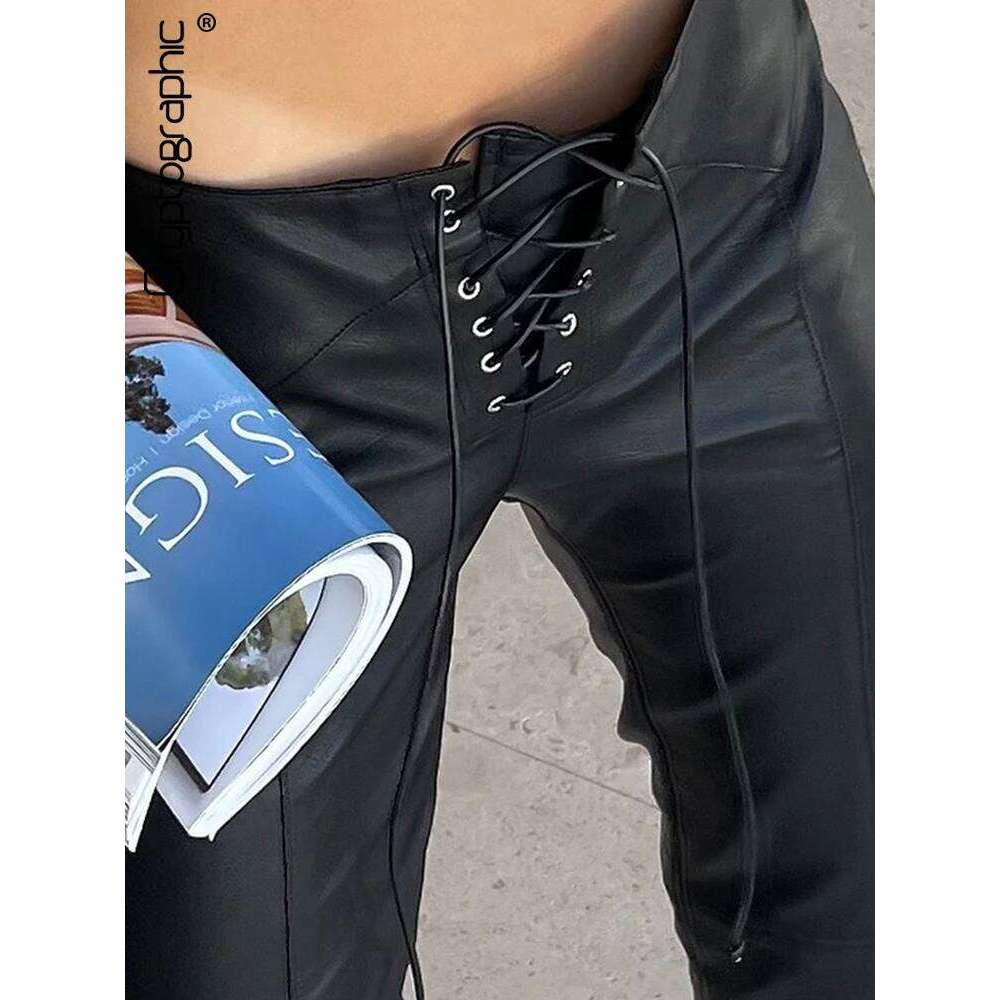 Cryptographic Fashion PU Faux Leather High Rise Skinny Straight Pants for Women Streetwear Bottom Club Party Goth Pant Trousers