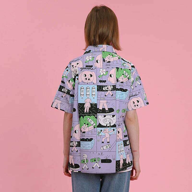 Women's Chiffon Shirts Top Summer New Female Casual Blouse Original Niche Design Short-sleeved Cartoon Pig Graffiti Printed