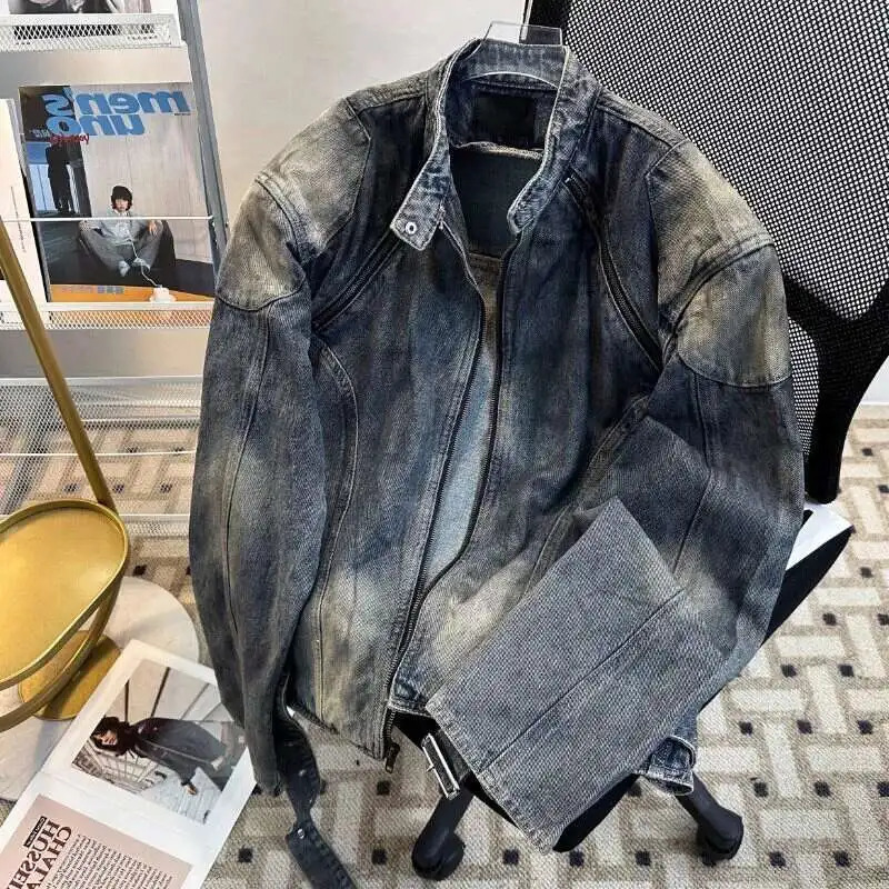 FEWQ Belt Mens Denim Jackets Stand Collar Solid Color Shoulder Padded Sleeve Zipper Patchwork Washing Male Coats 24K2966 250611